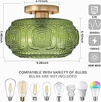 Vista 3 de Lámpara de techo de montaje semiempotrado, lámpara de techo de vidrio globo verde, accesorios de iluminación de cocina Art Deco para techo