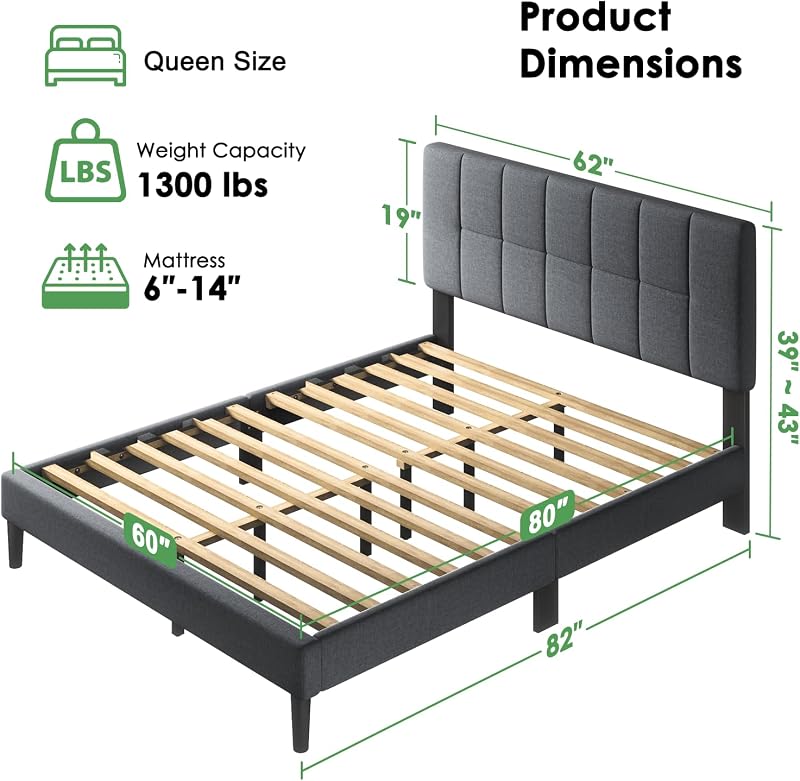 Marsail Upholstered Queen Bed Frame with Headboard, Modern Bed Frame, Gray image 2