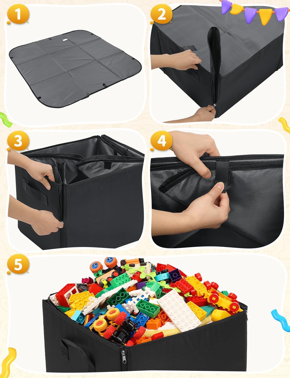 YOHOOLYO 2 In 1 Toy Storage Play Mat, Storage Box for Kids Children Space Adventures Design,Nursery, Playroom, Basket for Building Bricks Blocks Collapsible Cube Bin, 18.7" x 18.7" x 18.7"