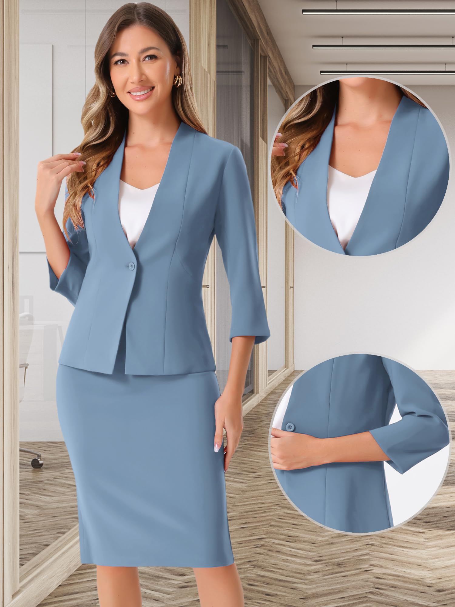 Allegra K Ensemble de Costume pour Femmes Jupe Crayon d'affaires Tenue de Travail 2 Pièces Blazer Col en V de Bureau