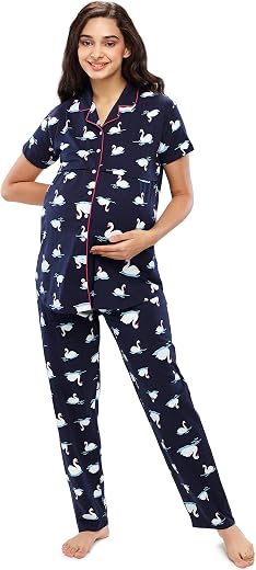 ZEYO Women's Cotton Swan Printed Maternity &amp; Feeding Night Suit Set Of Top &amp; Pajama Set Nursing Night Dress 5633