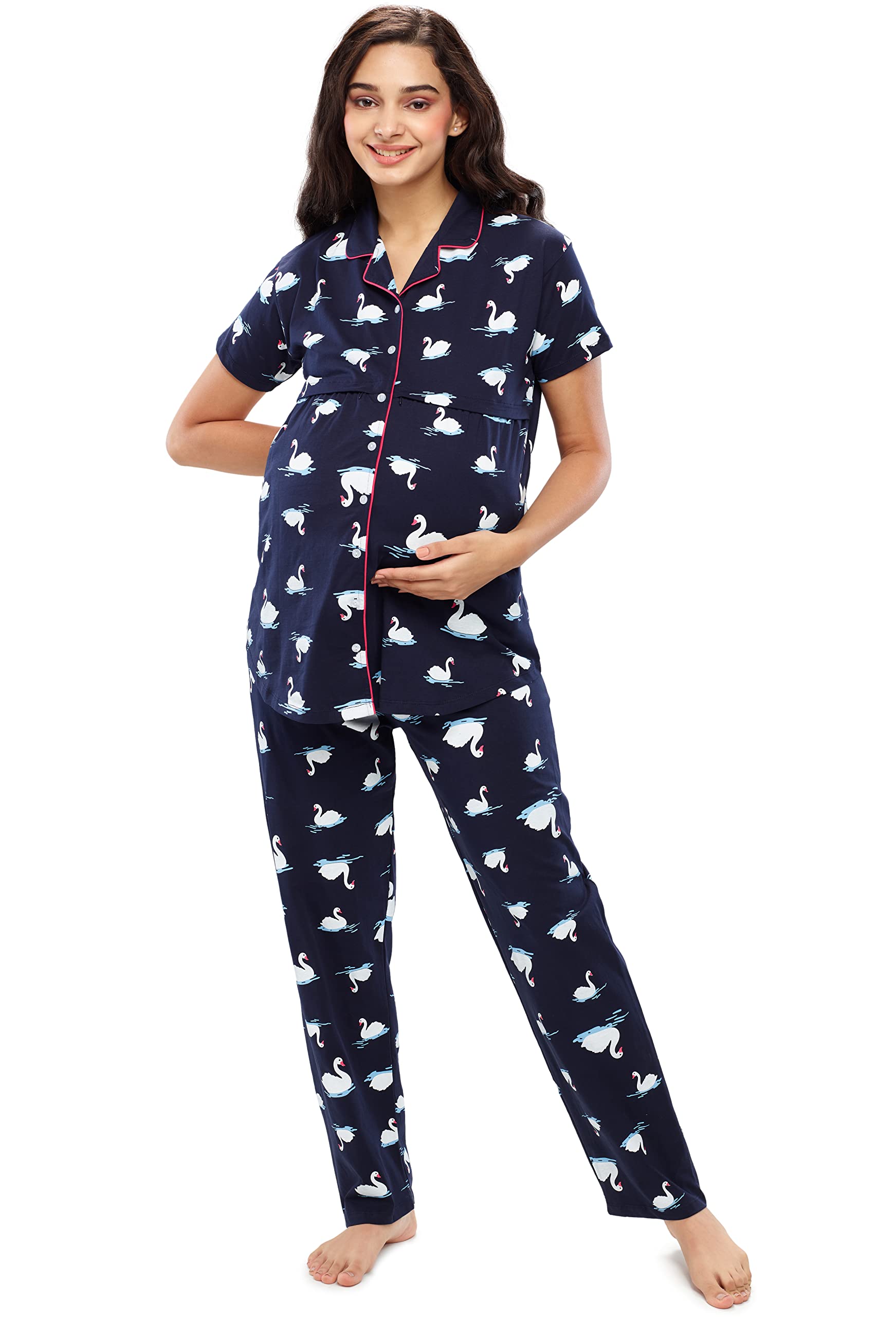zeyo Women's Cotton Swan Printed Maternity & Feeding Night Suit Set Of Top & Pajama Set Nursing Night Dress 5633-picture-12