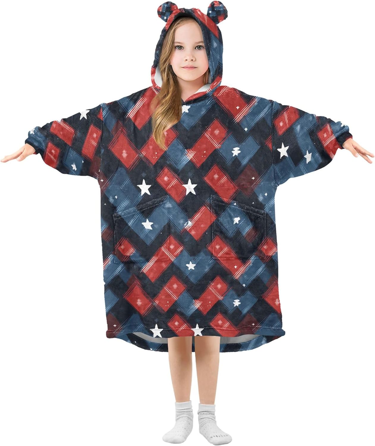 Red and Bule Buffalo Check Plaid Kids Wearable Blanket Hoodie with Pocket and Sleeves for Toddlers Cute Hoodies Girls