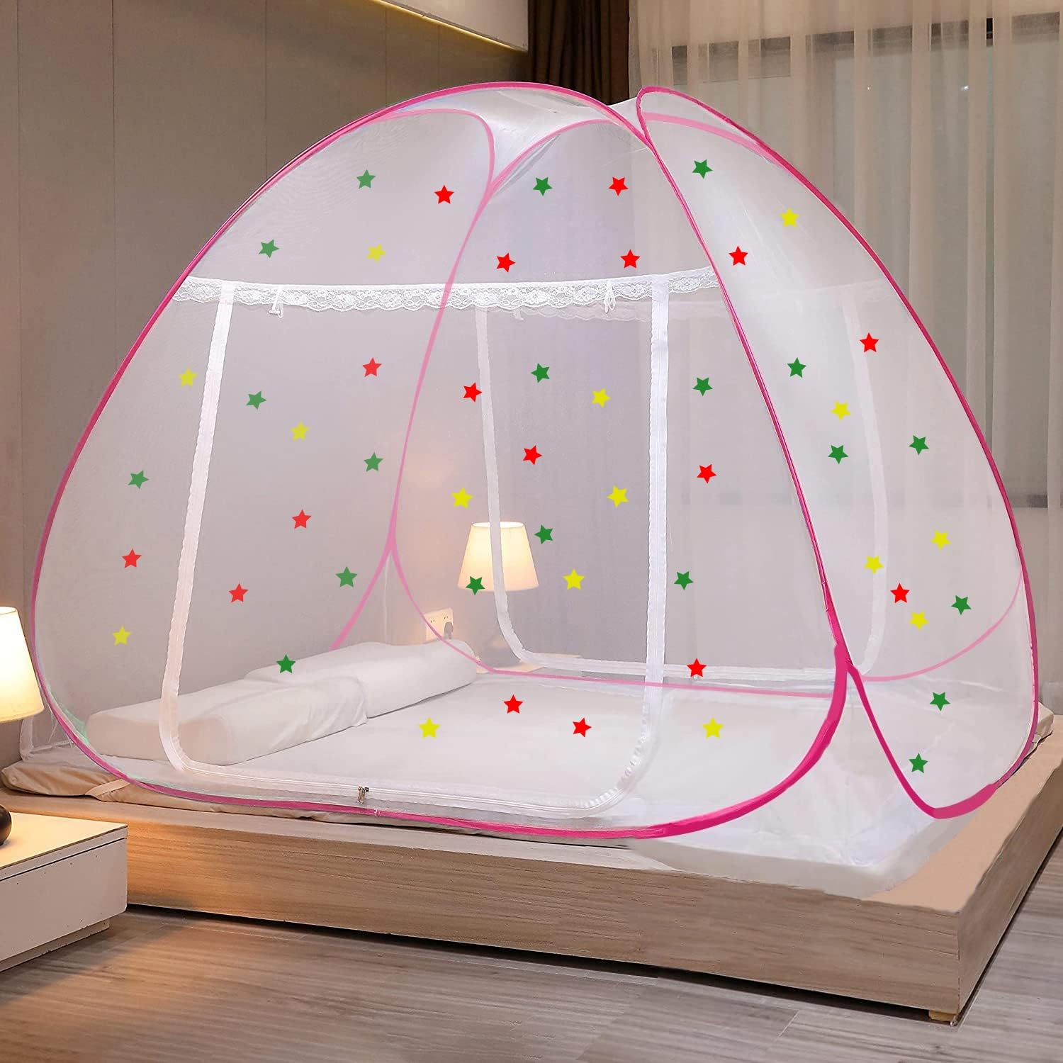 Evafly Mosquito Net for Double Bed | King Size Foldable Machardani with 30 Pair of Stars | Polyester 30GSM Strong Net | Corrosion Resistant Steel Wire - Pink (B0CJ2HBD92) Amazon Price History, Amazon Price Tracker