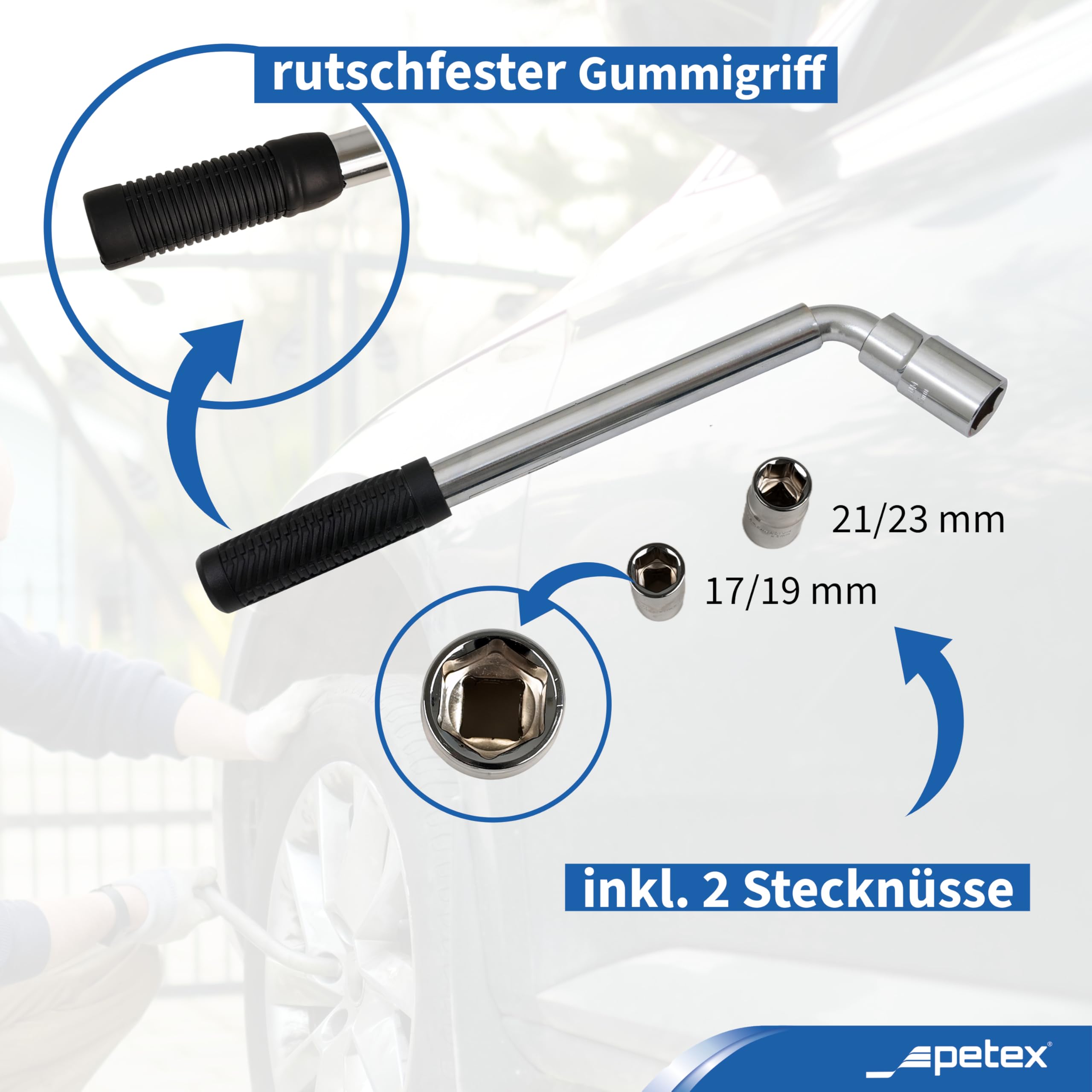 PETEX Chiave telescopica allungabile, lunghezza: 350 – 510 mm, con 2 bussole da 17/19 mm e 21/23 mm