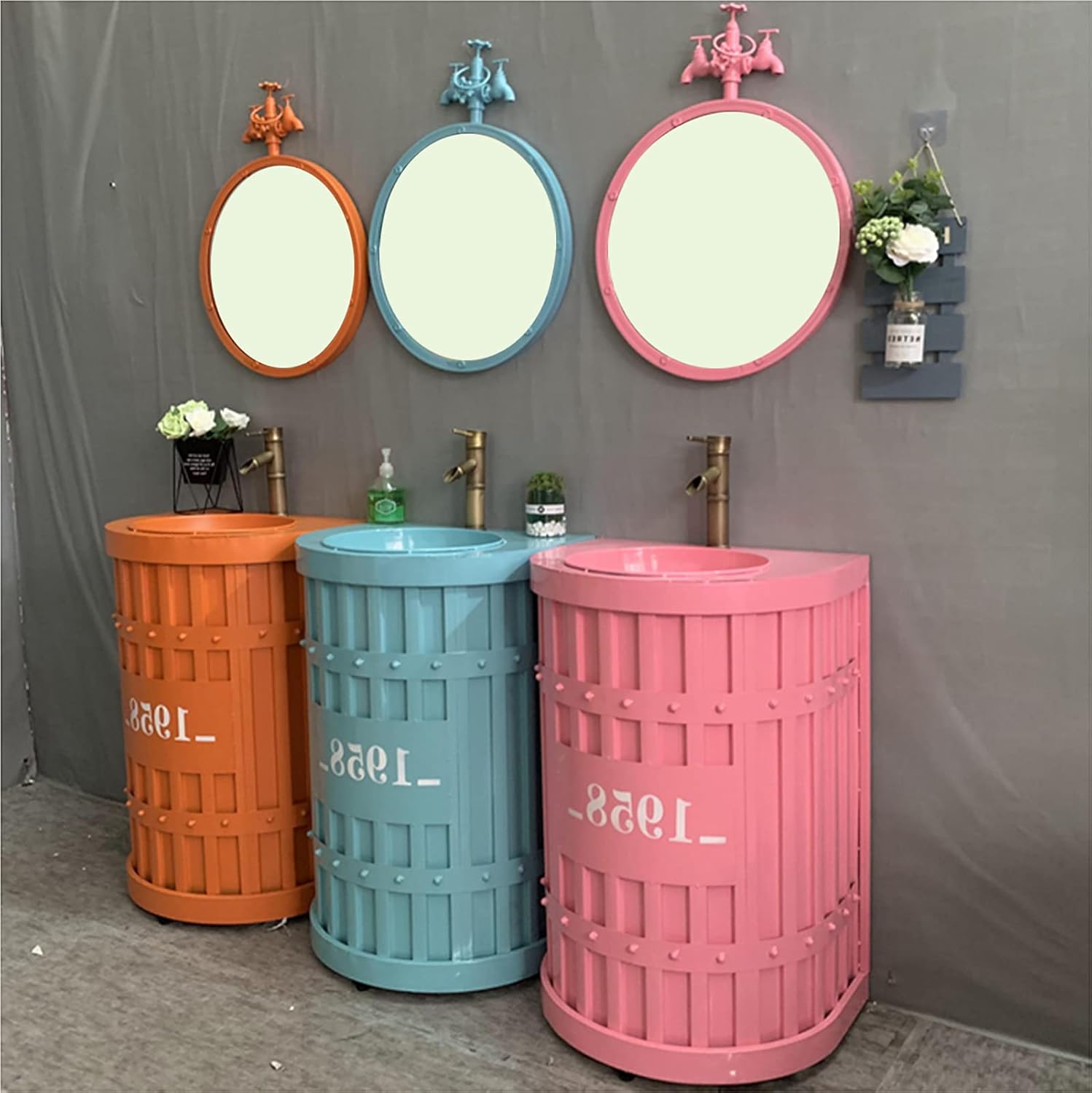 Free Standing Vanity Basin Bathroom Unit & Sink Floorstanding Gloss Full Pedestal Cabinet Under Unit, 22.4 x 18.5 34.2in,Pink,with Mirror (Pink Without Mirror)