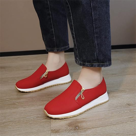 Chaussures Plates En Cuir Pour Femme - Slip-on Avec Fermeture éclair - Confortables, Légères - Pour Randonnée, Ville, Quotidien - 2