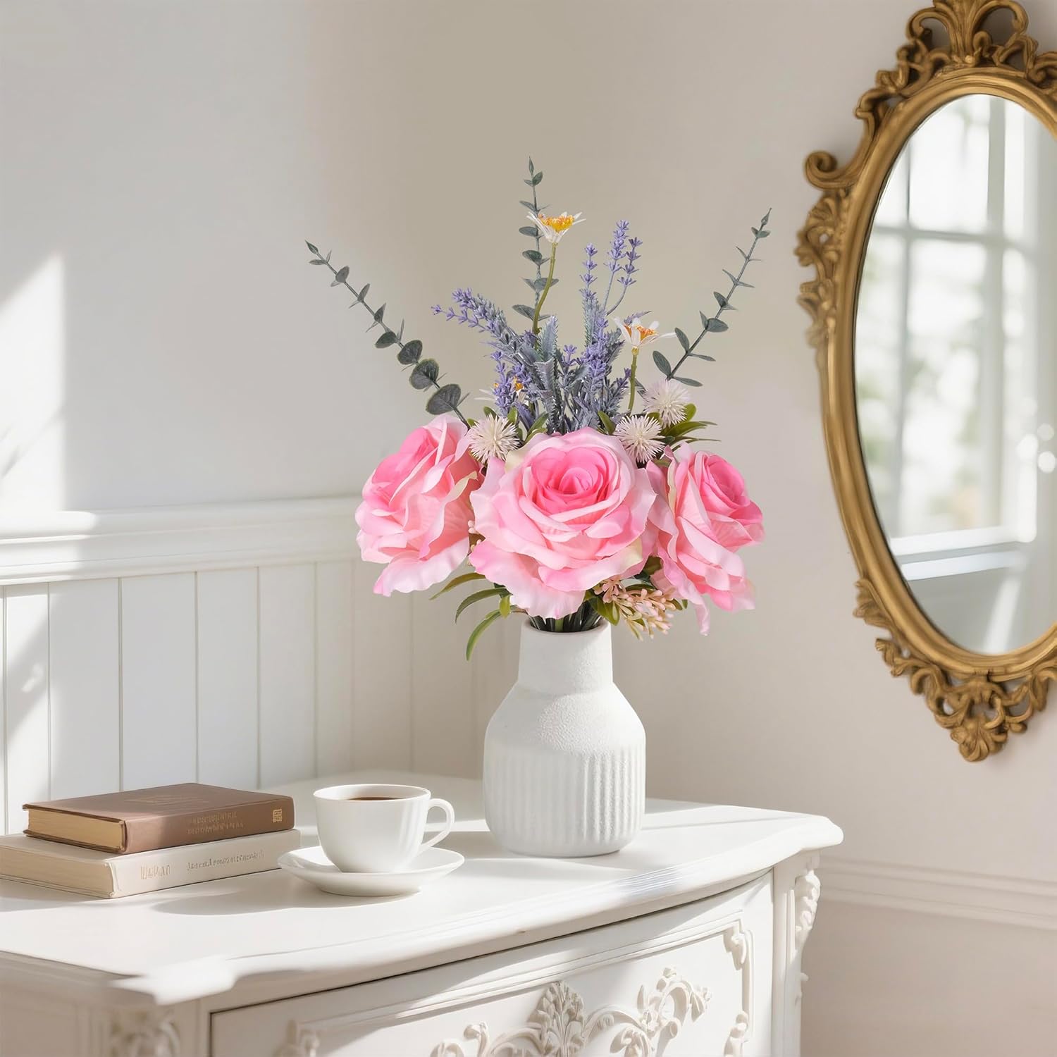 Artificial Flowers in Vase, Silk Roses Flowers Artificial Eucalyptus Lavenders Small Daisies and Fake Plants in White Ceramic Vase, Faux Flowers for Coffee Table Décor, Spring Decorations for Home - Image 5