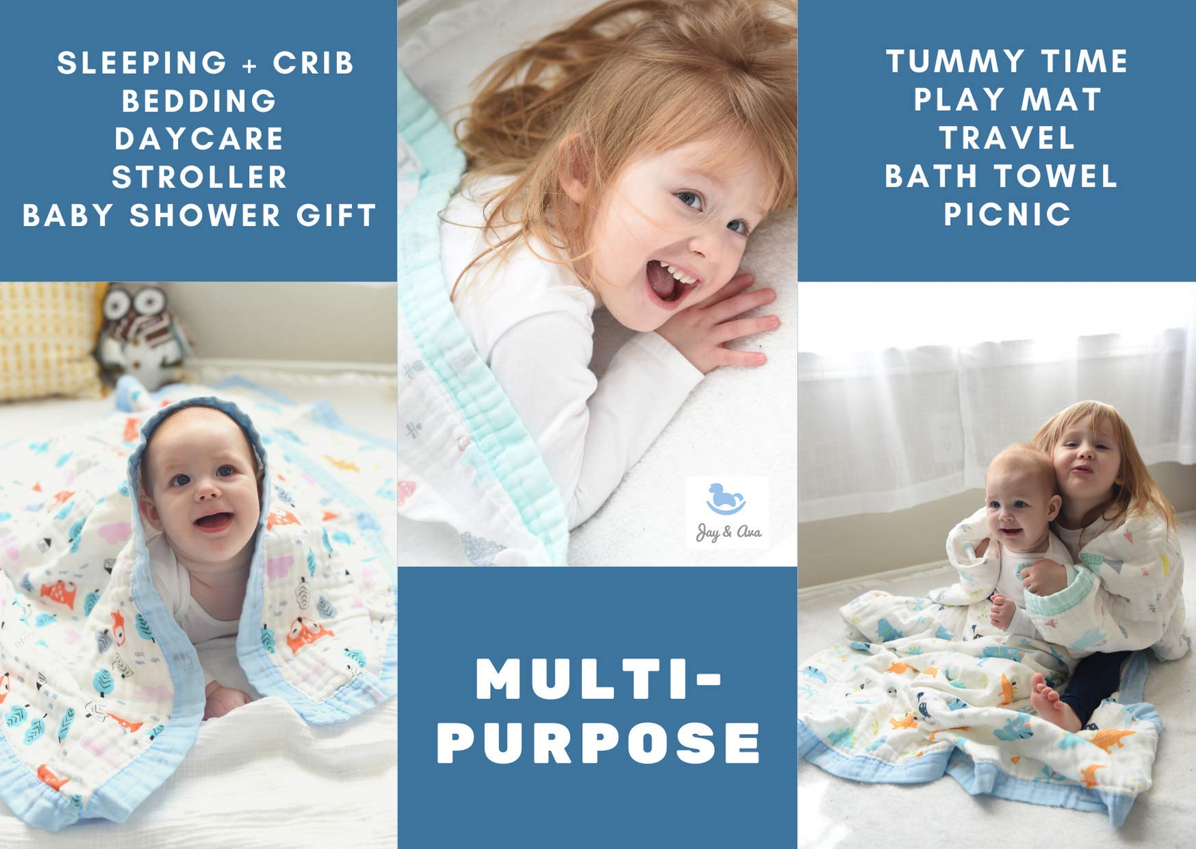 Jay & Ava Manta de muselina para bebé de 42 x 42 pulgadas, manta de algodón suave para niños, manta de muselina de cama de 4 capas para cuna, manta grande para recepción de bebé - (espacio de