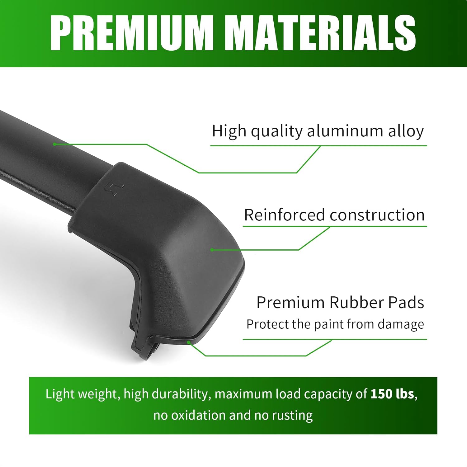 Diagram highlighting premium materials: high quality aluminum alloy, reinforced construction, and premium rubber pads.