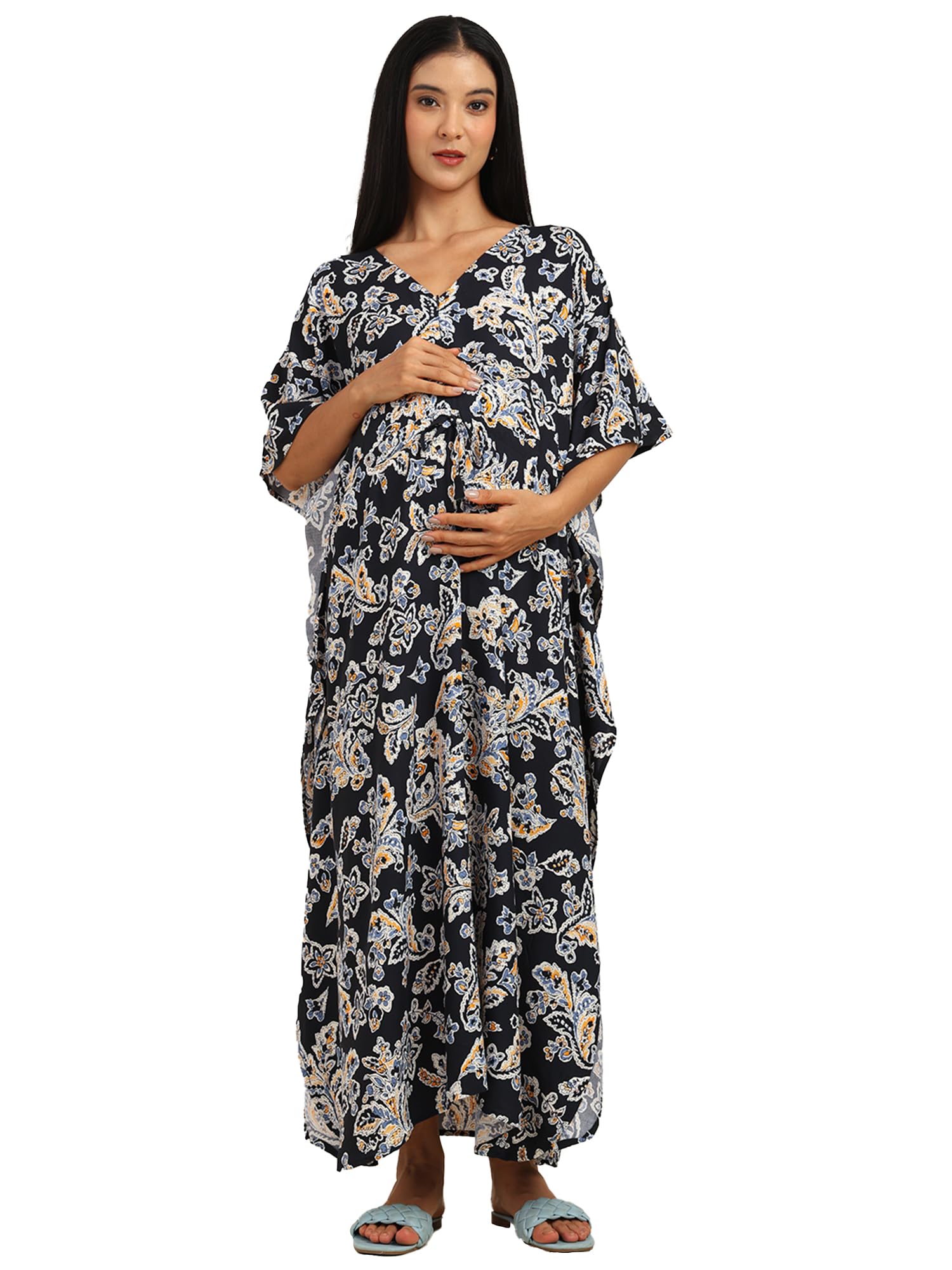 craftbazar Rayon Printed Pre and Post pregnency and Feeding Kaftan Dark Blue White-picture-22