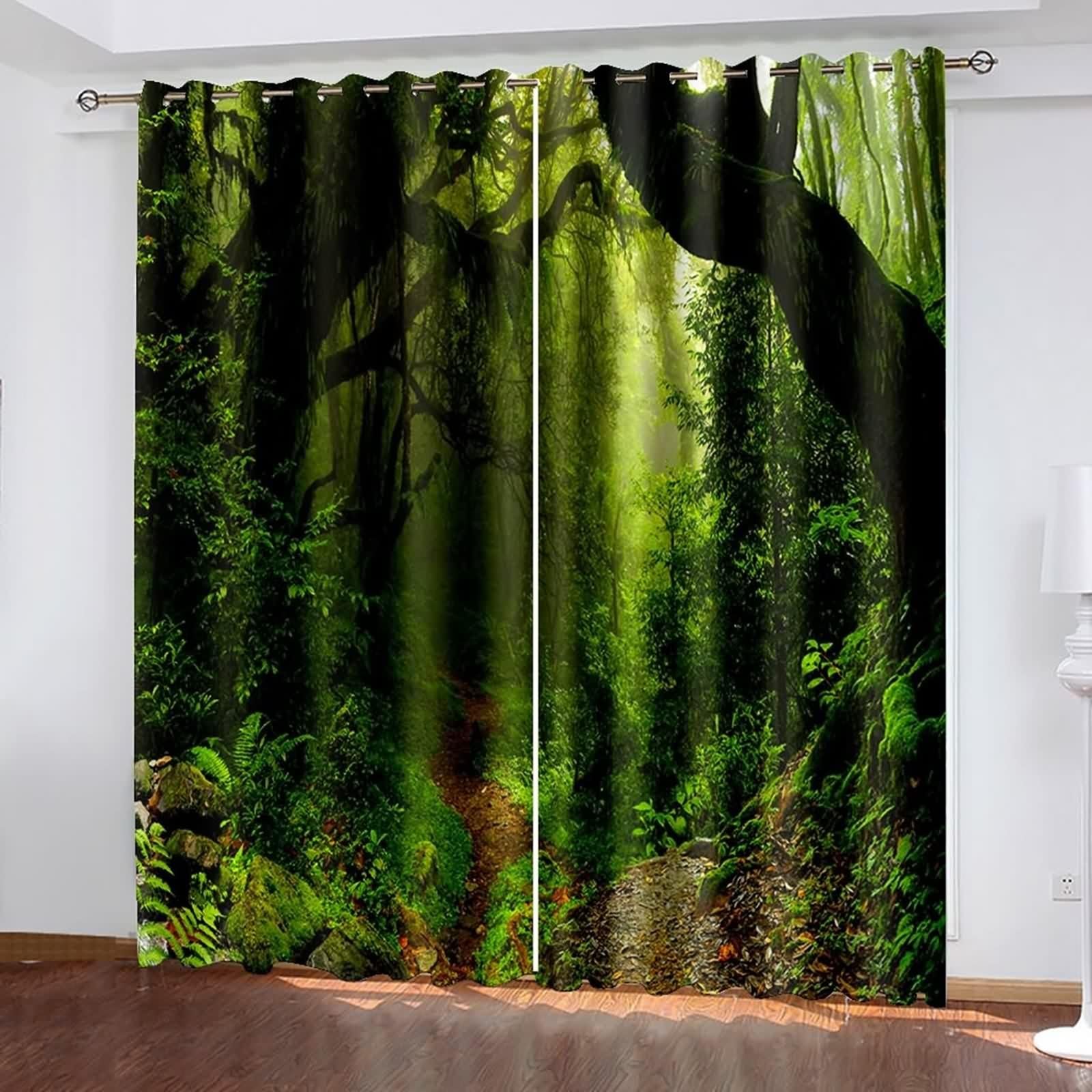 Verdunklungsvorhänge Grün, Vorhänge Vintage Polyester Grüner Wald Gardine 2er Set B 107 x H 160 cm