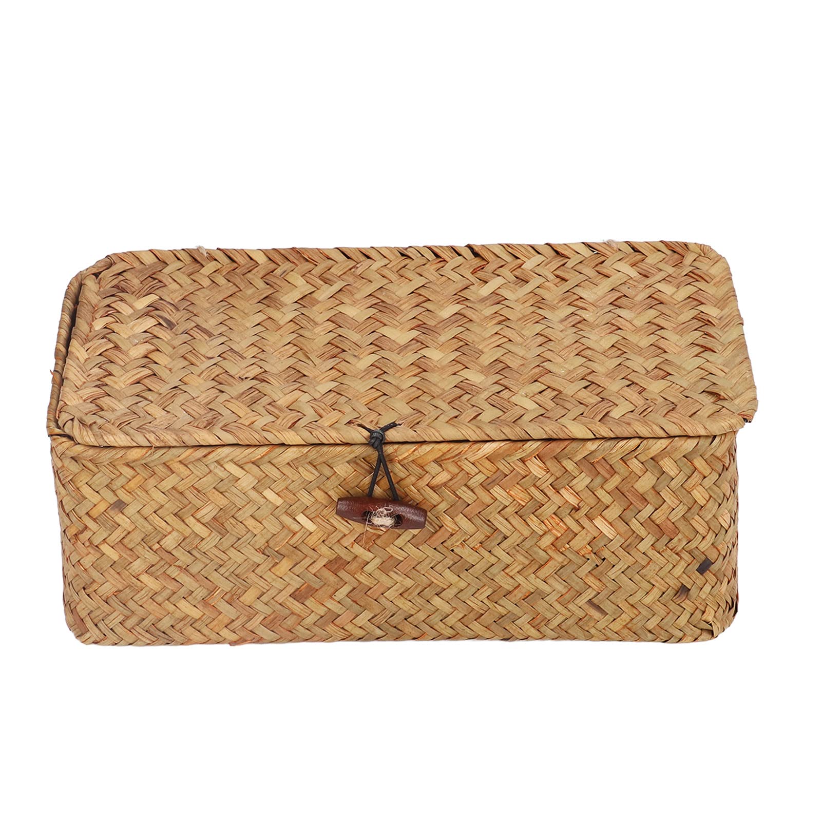 Dioche Caja de Almacenamiento de Mimbre Cesta de Almacenamiento de Pasto Marino Natural - Organizador Rectangular Tejido a Mano con Tapa, de Escritorio Multifuncional para el Hogar y la Oficina (L)