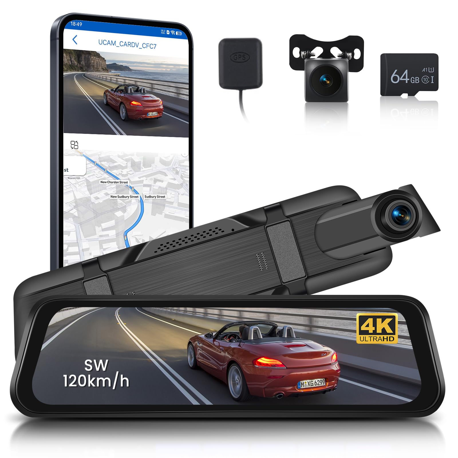 4K Specchietto Retrovisore Dash Cam WiFi GPS, ADAS BSD LCA, Telecamera Anteriore e Posteriore 1080P 9,66 Pollici Touch Screen Dashcam Auto Visione Notturna Registrazione in loop Monitor di Parcheggio
