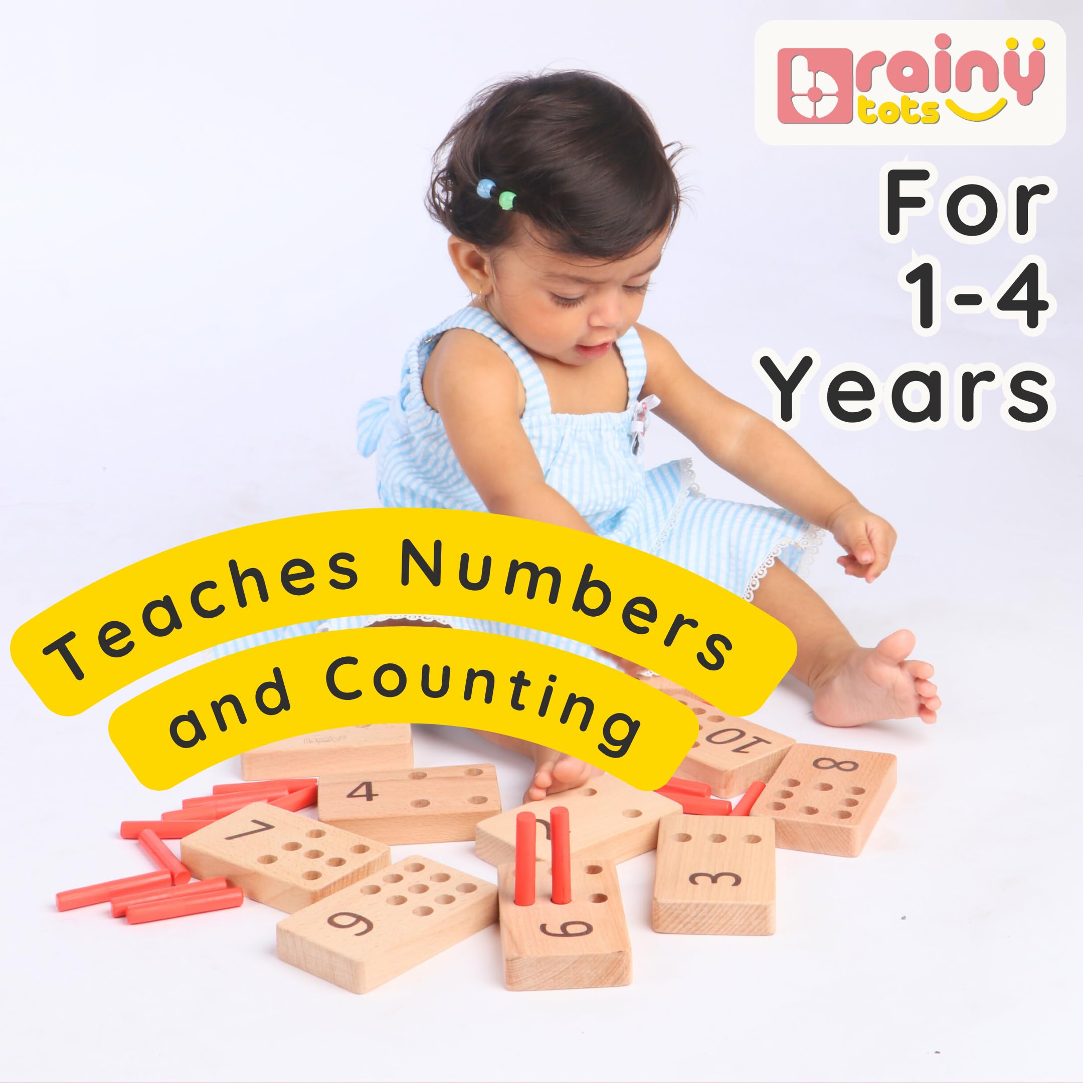 BrainyTots Montessori Counting Peg Board Toy for Kids 1–3 Years | Early Learning Math Activity Set with 10 Wooden Number Boards, 10 Pegs, Storage Pouch & Play Guide for Toddler Brain Development 2