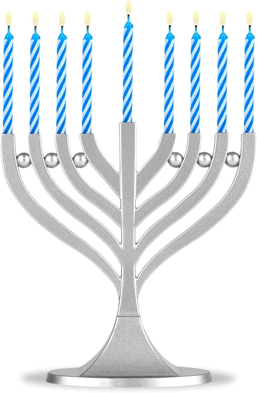 Zion Judaica Mini Classic Menorah with Mini Birthday Size Hanukkah Candles - Satin Silver Small Travel Minorah with 44 Blue and White Spiral Chanukah Candles - On The Go Hanukkiah Cute Hanukkah Gift
