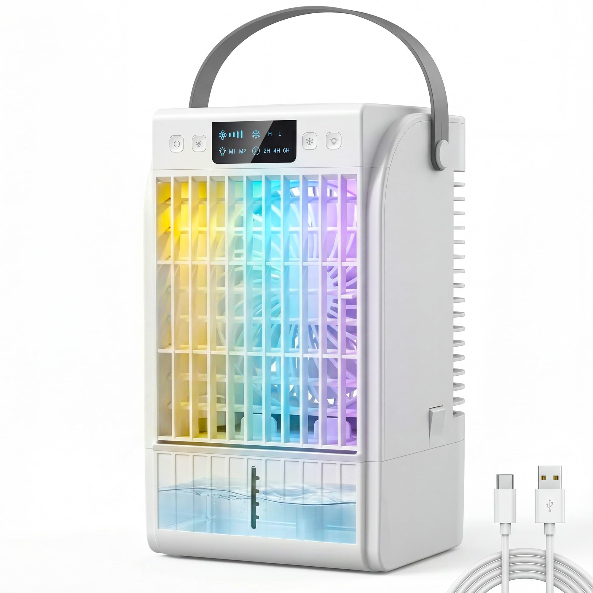 Homcom White Portable Air Conditioner, 4-In-1 Mini Air Cooler With 4 Wind Speed, 2 Mist Mode, Rgb 7 Led Light, 1500Ml Water Tank, Dc Motor, 2-6H Timer, Small Cooling Fan For Home, Office, Bedroom,