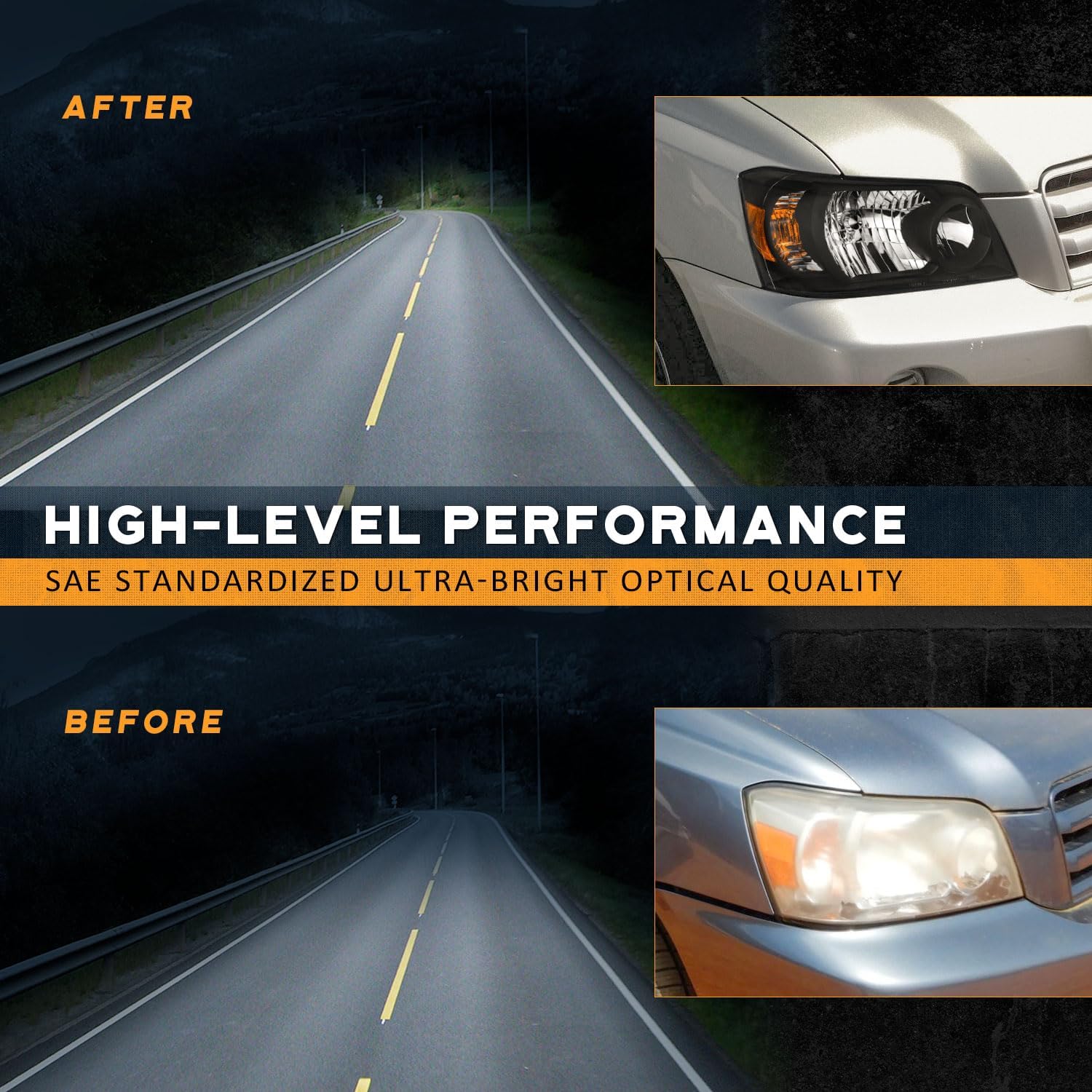 WEELMOTO Headlights Compatible with 2004-2006 Toyota Highlander, Sport Utility Headlight Black Housing Amber Reflector Left+Right Side