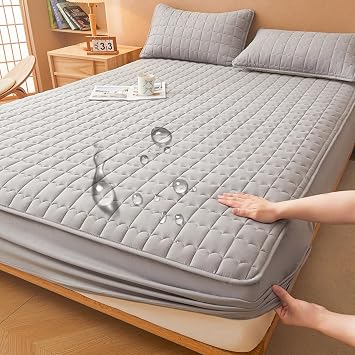 King Size Waterproof Mattress Protector, Deep Pocket, Raw Cotton Fabric, Gray, 180x200cm