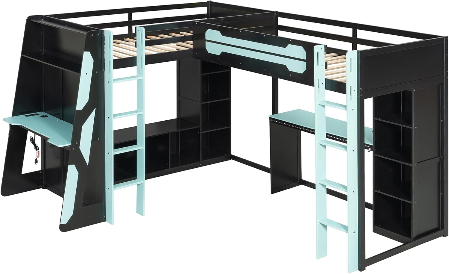 MERITLINE Twin Size L-Shaped Loft Bed with USB Ports and Desk for Boys, Gaming Loft Bed with LED Lights, Storage Shelves and TV Stand for Teens Adults, Reversible Layout, No Box Spring Needed, Blue