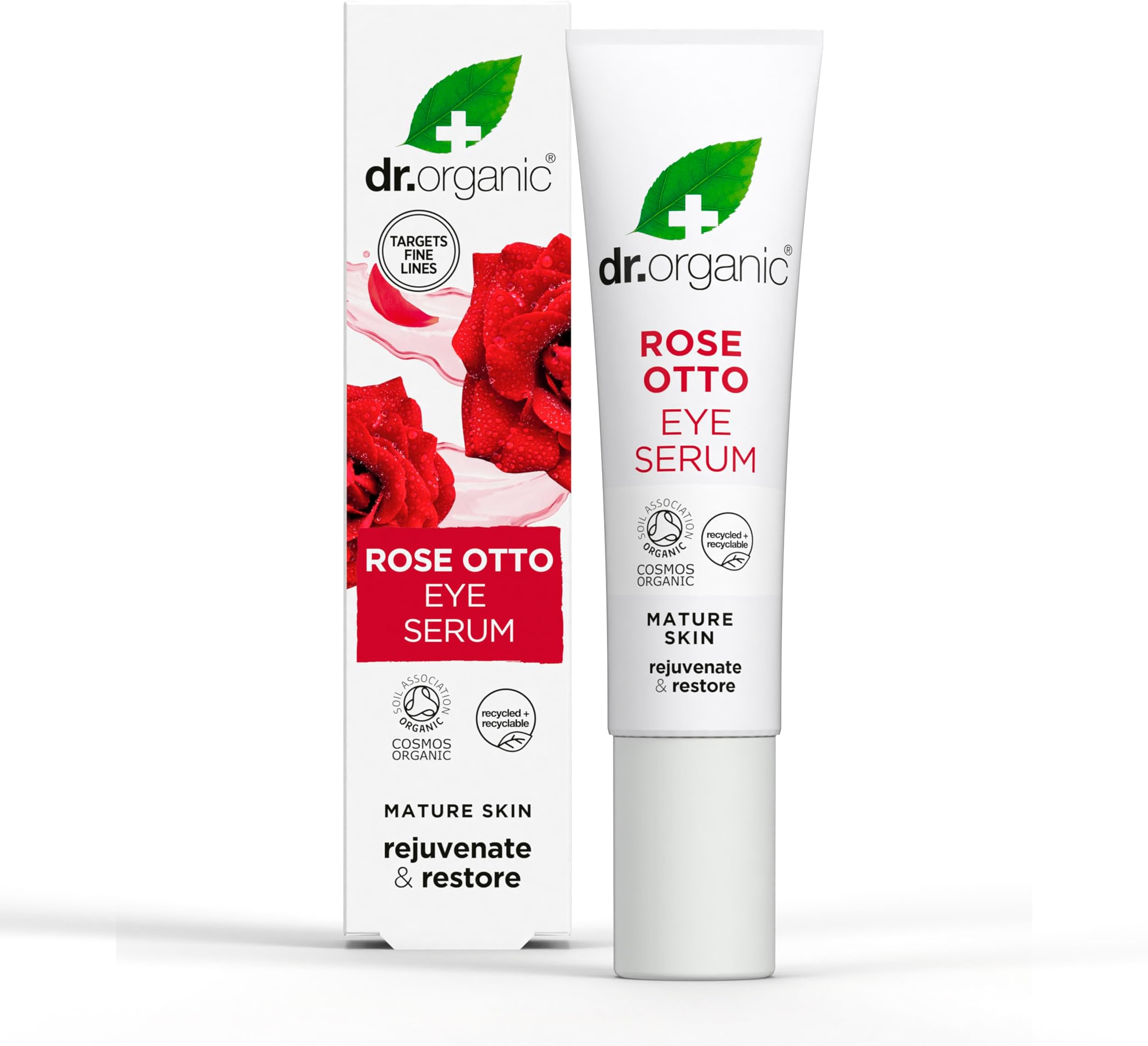Dr Organic Rose Otto Eye Serum, Restoring, Fine Lines, Mens, Womens, Natural, Vegan, Cruelty-Free, Paraben & SLS-Free, Recycled & Recyclable, Organic, 15ml, Packaging may vary