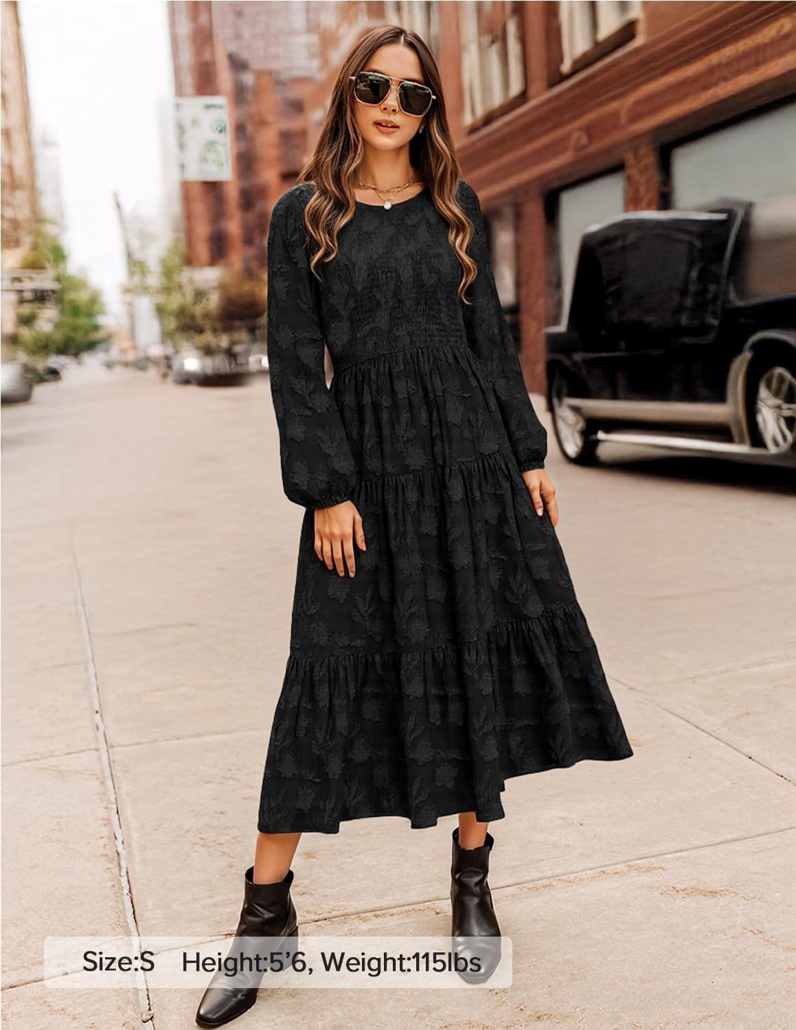 ZESICA Women's Fall Boho Floral Midi Dress 2026 Casual Long Sleeve Crewneck Flowy Wedding Guest Long Dresses - Image 5