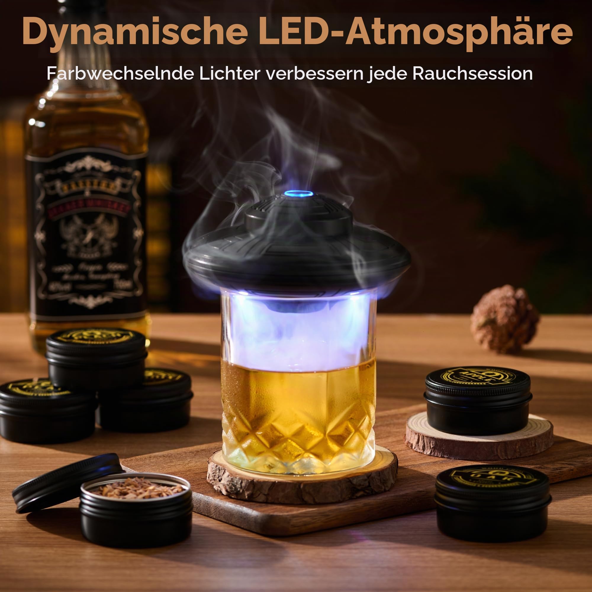 ComboJoy Elektrisches Whisky-Räucherkit mit LED, 6 Aromaholzspäne, Whisky-Glas & Eisform, wiederaufladbarer Cocktail-Räucheraufsatz – Bourbon Geschenk für Männer, Vater & Ehemann, Schwarz