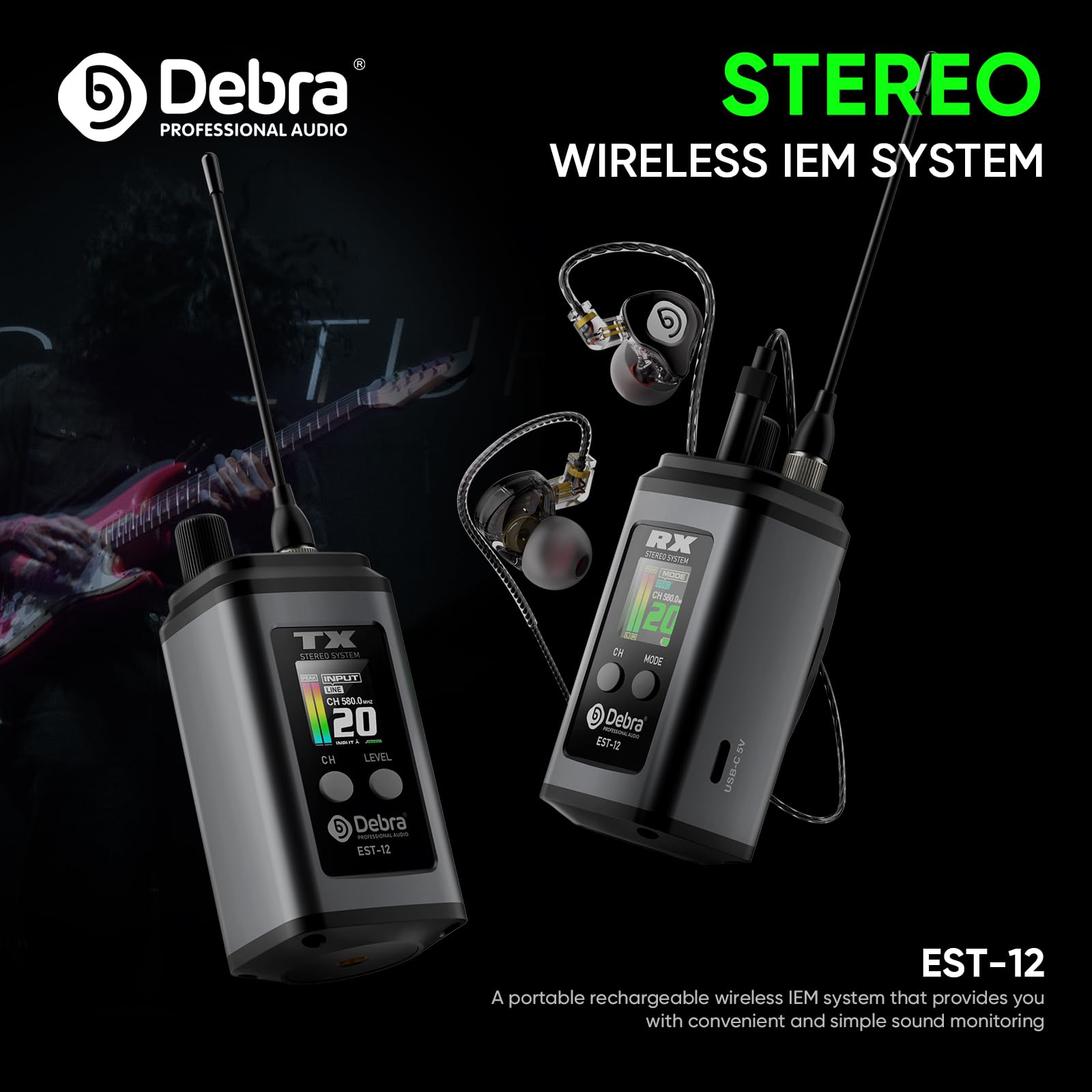 D Debra EST-12 UHF In-Ear Monitoring System Profi-Set mit 2 Empfänger, 20 Kanäle, latenzfrei, 80m Reichweite, Metallgehäuse für Studio & Bühne