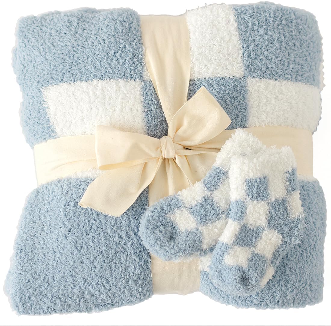Orelle Blue Checkered Baby Blanket & Matching Socks Set | Cozy Baby Blanket | Soft Plush Blankie for Boys | Checkered Nursery Decor | Newborn Registry Must Have | Blue