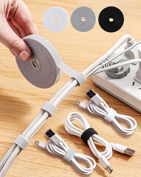 3 rotoli organizer portatili per cavi, 1,2 cm x 5 m, cinghie di fissaggio con gancio e anello, fascette riutilizzabili per la gestione dei cavi, nero, bianco e grigio, ideale per casa, ufficio e - 1