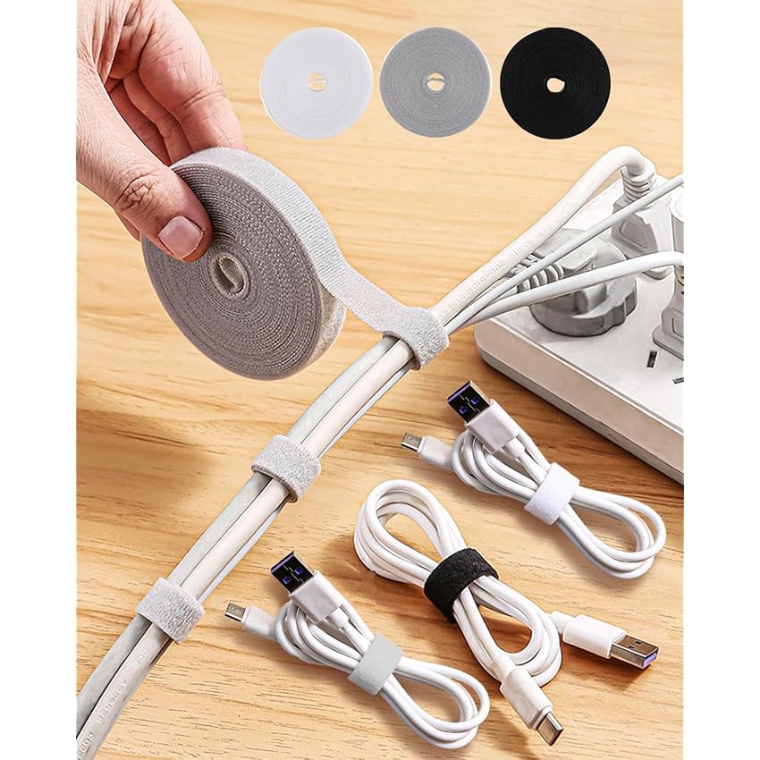 3 rotoli organizer portatili per cavi, 1,2 cm x 5 m, cinghie di fissaggio con gancio e anello, fascette riutilizzabili per la gestione dei cavi, nero, bianco e grigio, ideale per casa, ufficio e