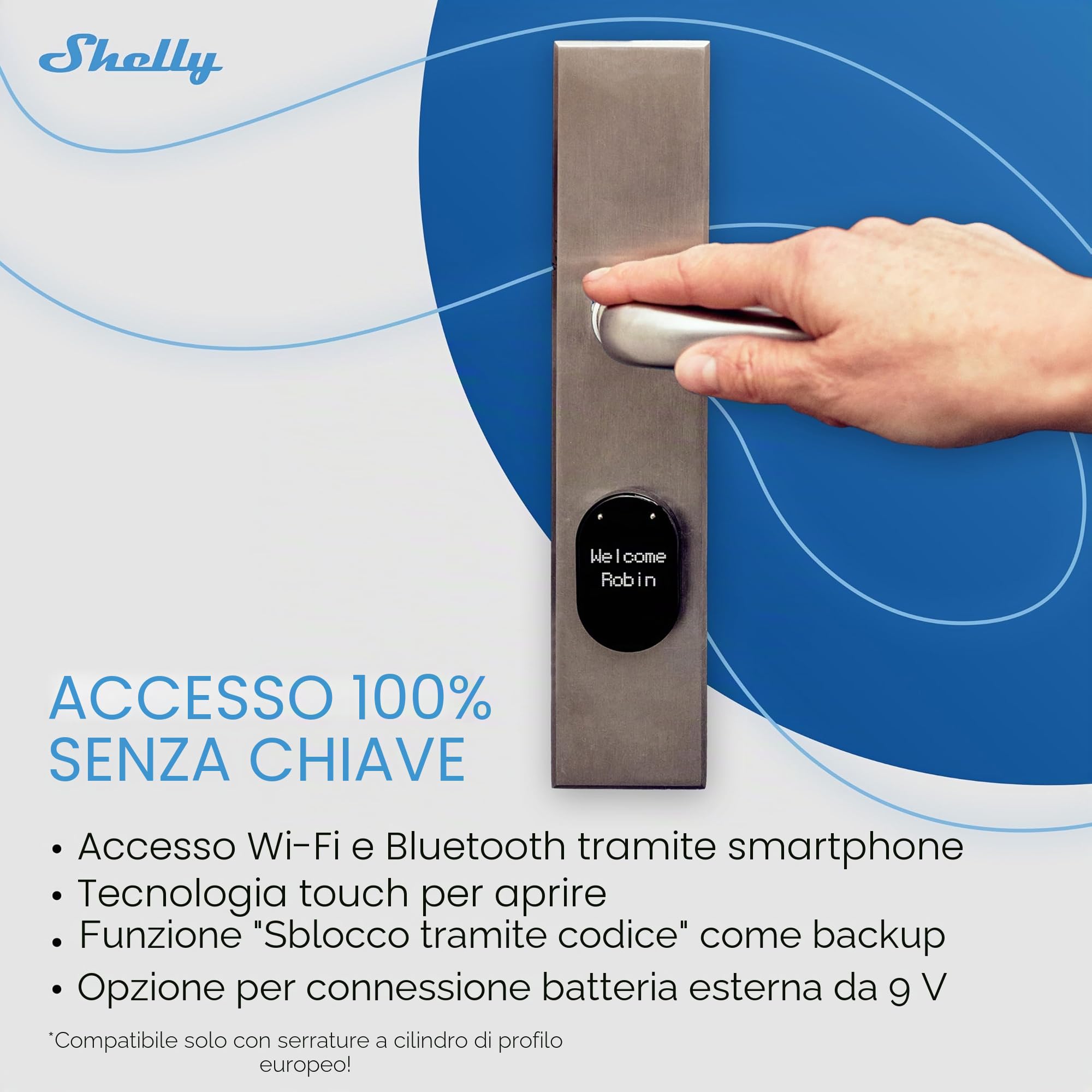 Shelly LOQED Touch Smart Lock Argento - Serratura Smart Wi-Fi Senza Chiave Con Touch-To-Open, Codice e Chiavi Digitali, Controllo Remoto Tramite App Shelly, Standard EN1303, EN15684 e SKG Tre Stelle