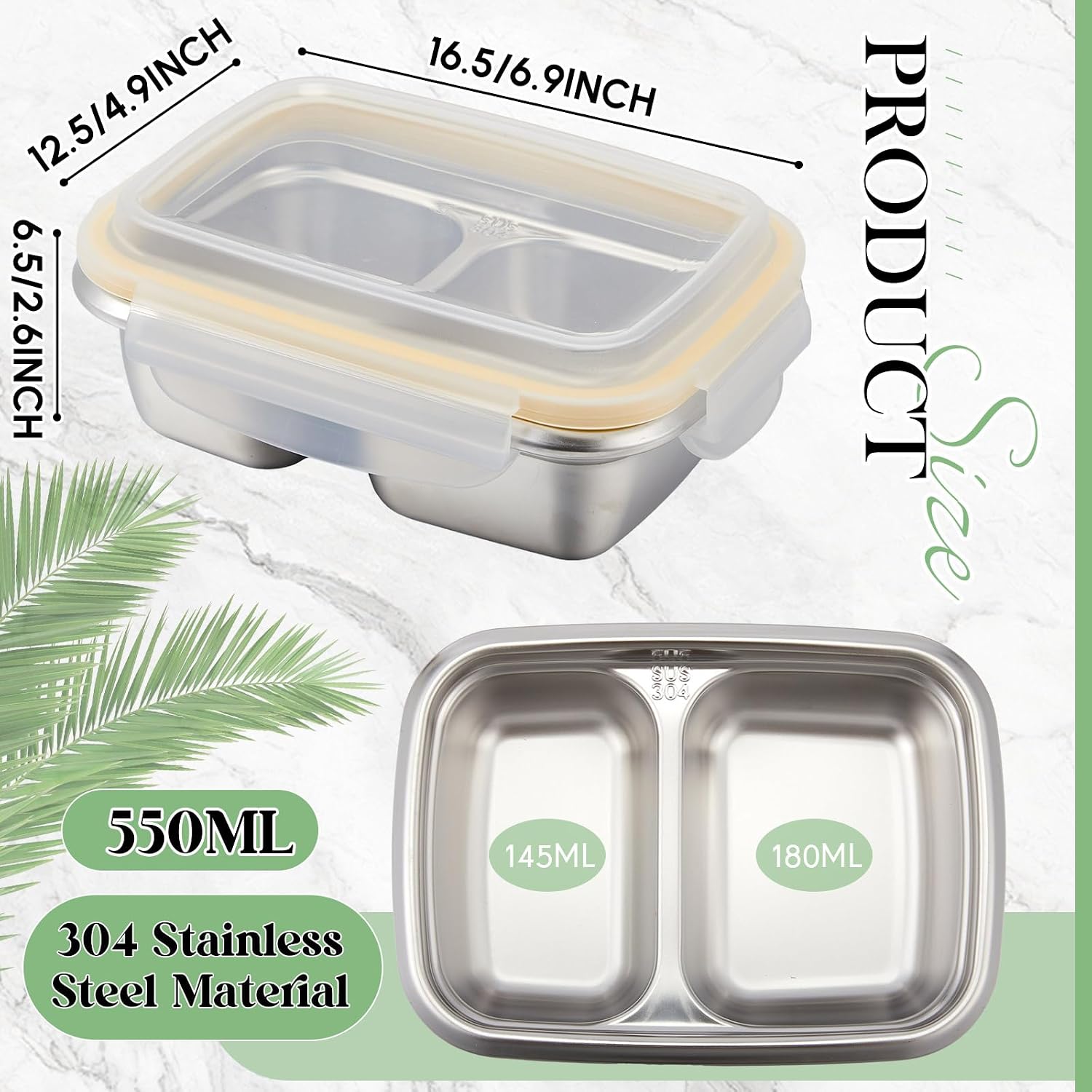 Blushtier 2 Pack Stainless Steel Snack Containers, 550ml Dual Section (Non Sealed Divider), Leak Resistant Lids for Dry Foods, 304 Stainless Steel, Reusable Food Storage for Office, School, Travel