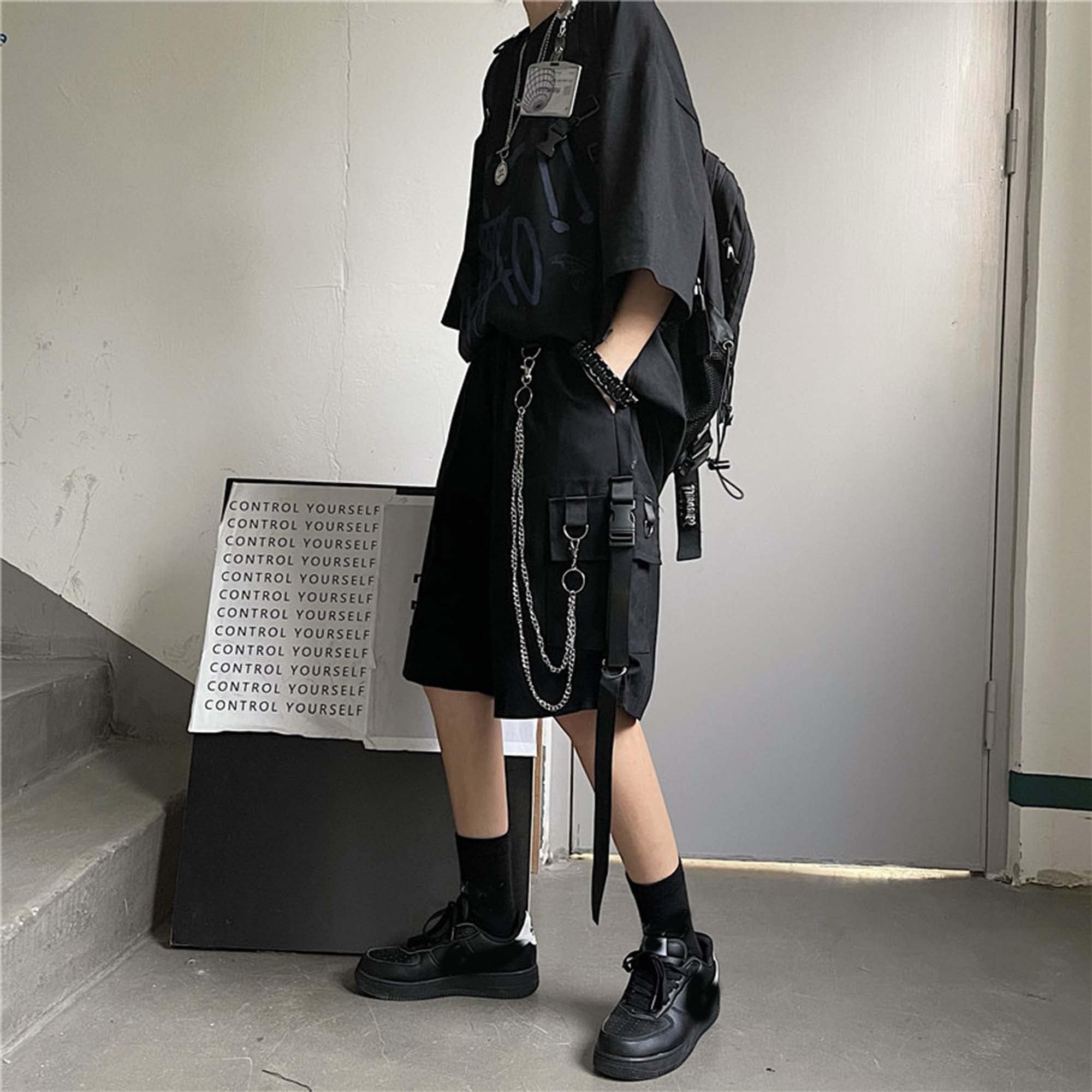 MEINVQIAOTI Black Cargo Pants for Women Street Harajuku Loose Straight Shorts Black Pants with Chains: XX-Large Black