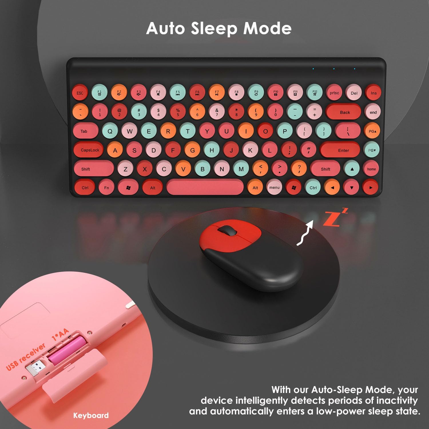 Fashion Wireless Keyboard and Mouse Combo, USB Cordless Cute Round Key Smart Power-Saving Ultra Slim Combo for Laptop, PC, Computer and Desktop