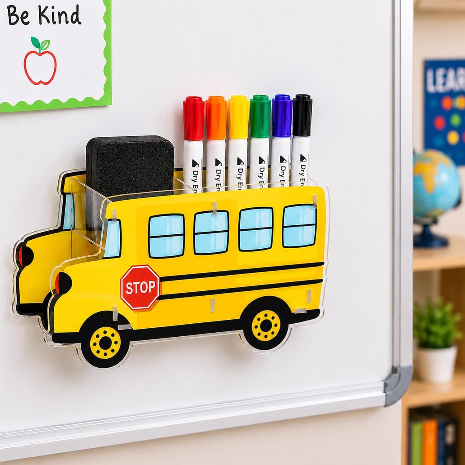 School Bus Shaped Magnetic Pen Holder Yellow Bus Strong Magnet Marker Pen Pencil Organizer Acrylic Magnetic Dry Erase Marker Holder for Whiteboard Refrigerator Locker Accessories Back to School Supply