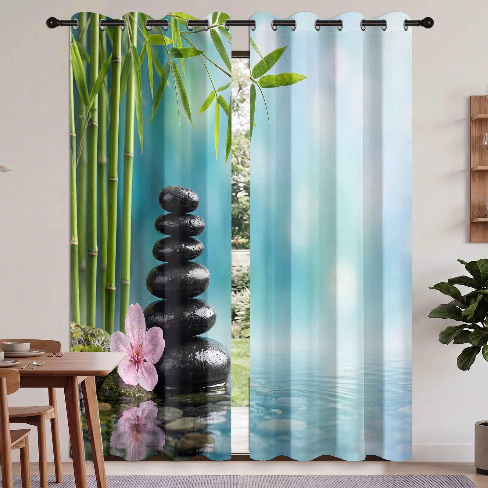 Natürlich Lässiger Stil Verdunkelungsvorhänge, H200 x B70 cm Bambus Blumen Kirschblüten Kieselsteine Wasseroberfläche Vorhänge Ösen 2er Set Schlafzimmer, Blau Raumverdunkelung Vorhänge für Wohnzimmer
