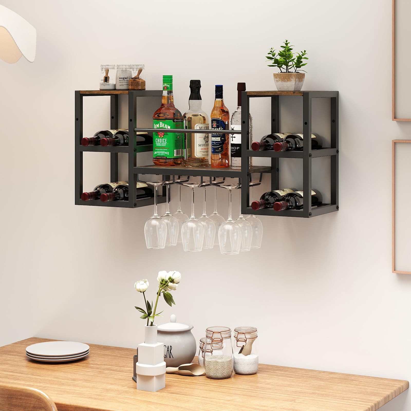 COSTWAY Portabottiglie da Parete con Porta Bicchieri, Struttura in Metallo per 8 Bottiglie con Ripiano Aperto, Scaffale da Muro a 3 Livelli per Sala da Pranzo e Cucina, 89 x 25 x 40 cm