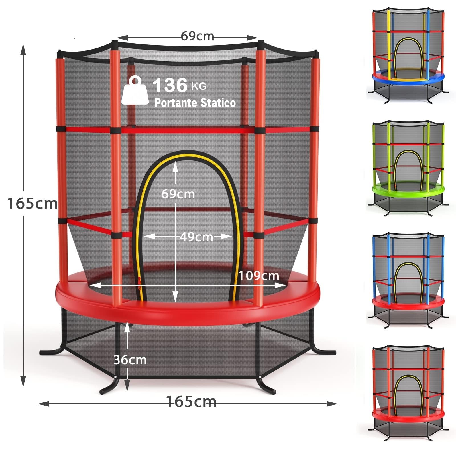 GYMAX Trampolino da Esterno per Bambini, Tappeto Elastico da Giardino, con Rete Protettiva, Telaio in Acciaio, Resistente alle Intemperie, per Interno, Esterno, Portata 135 kg