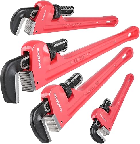 4Piece Aluminum Pipe Wrench Set (10Inch, 14Inch, 18Inch, 24Inch), Heavy-Duty Adjustable Straight Plumbing Wrenches, Drop-Forged Jaws, Lightweight Design, Versatile for Plumbing & Home Repair