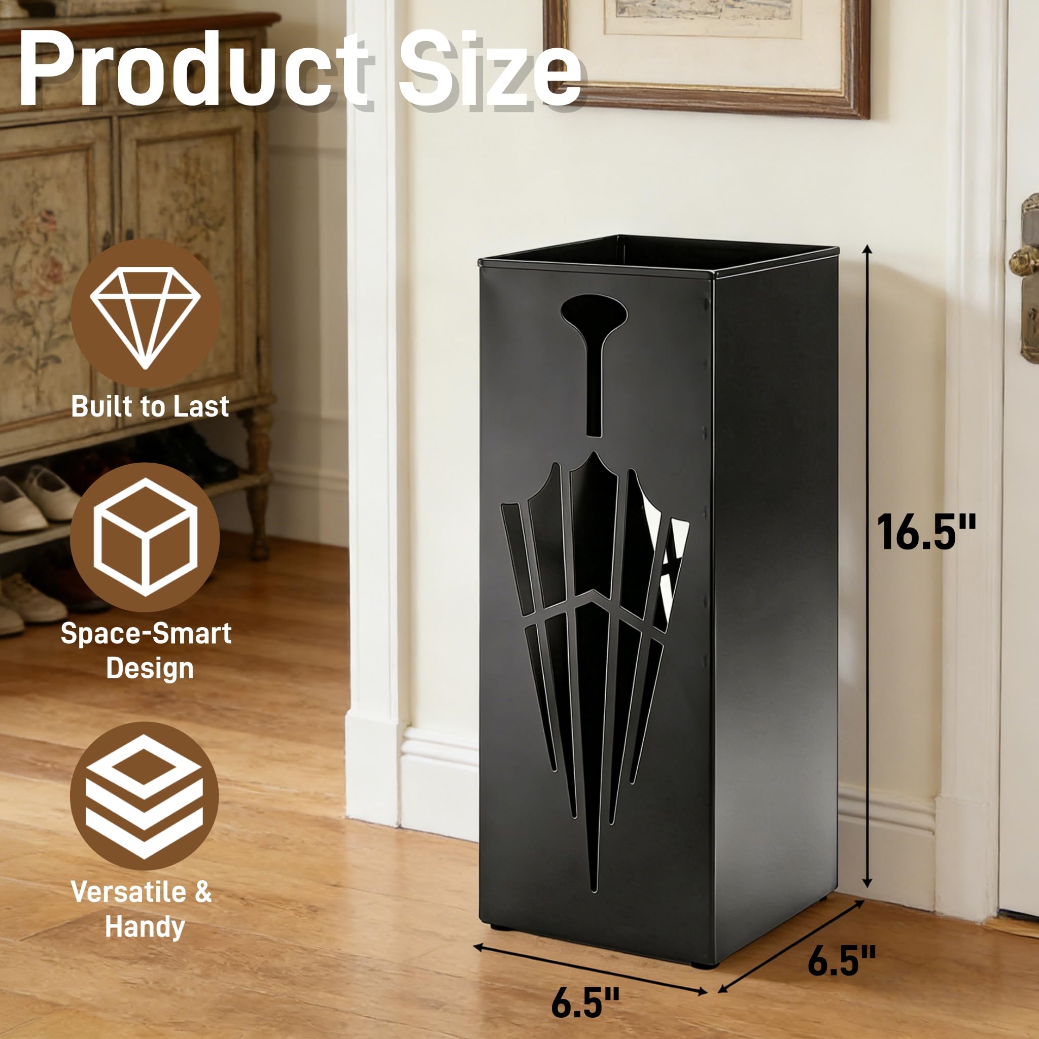 Portaombrelli quadrato in metallo, portaombrelli per ingresso, bastoncini da passeggio per bastoni da passeggio, cestino autoportante per casa, ufficio, hotel, negozio, 16,5 x 16,5 x 41,9 cm