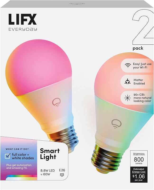 LIFX Smart Light Bulbs A19 - RGB Color Changing, 800 Lumens, Matter 2-Pack | Compatible with Alexa, Apple Homekit, WiFi 2.4GHz, E26, white 2700K-6500K, dimmable 60W Eq. for bedroom and lamps
