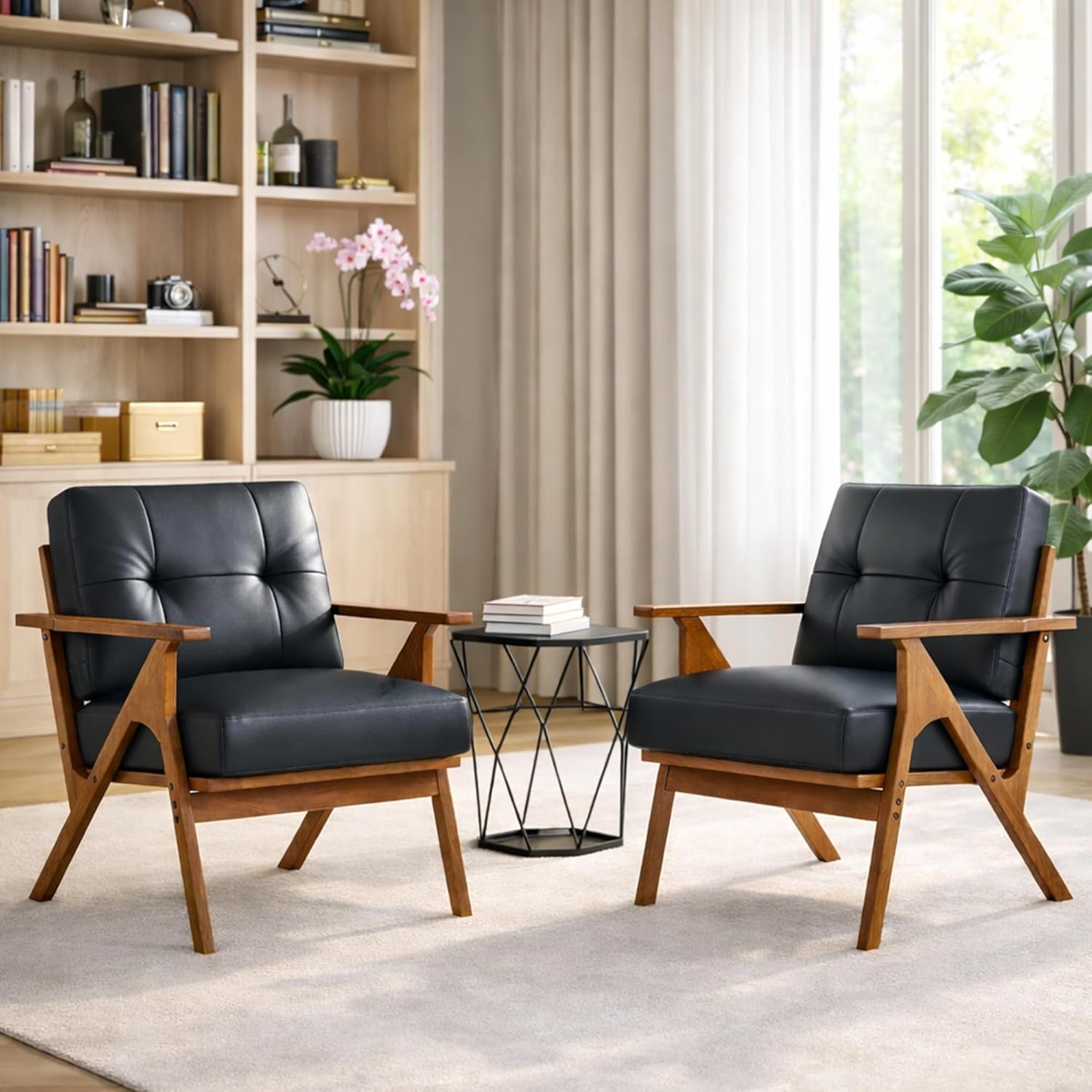 AODAILIHB Mid Century Modern Leather Accent Chairs Set of 2, Black Lounge Armchairs with Solid Wood Frame & Wooden Arms, Comfy Reading Chairs for Living Room, Bedroom, Office & Waiting Room