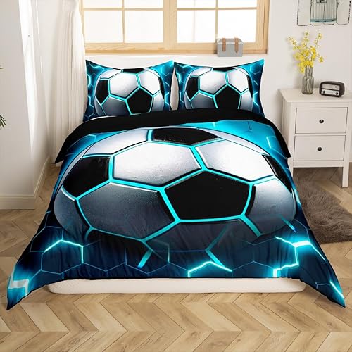 Erosebridal Juego de funda de edredón de fútbol para niños, juego de ropa de cama de fútbol individual, funda de edredón de nido de abeja azul