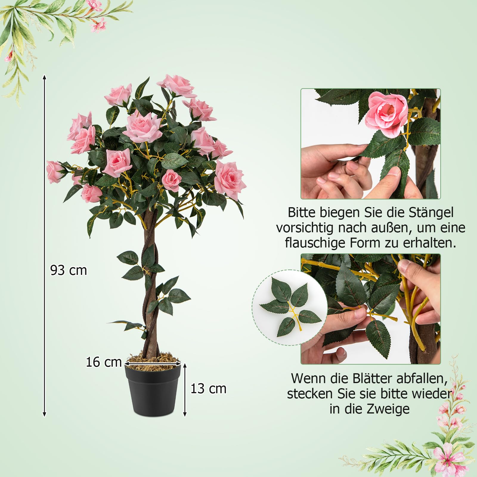 RELAX4LIFE Kunstpflanze, Kunstbaum mit Blüten, Rosenbaum mit 21 Rosa Rosen & 259 Blättern & Echtholzstamm, Künstliche Pflanze im Topf, Dekopflanze 93cm, Zimmerpflanze für Zuhause Büro