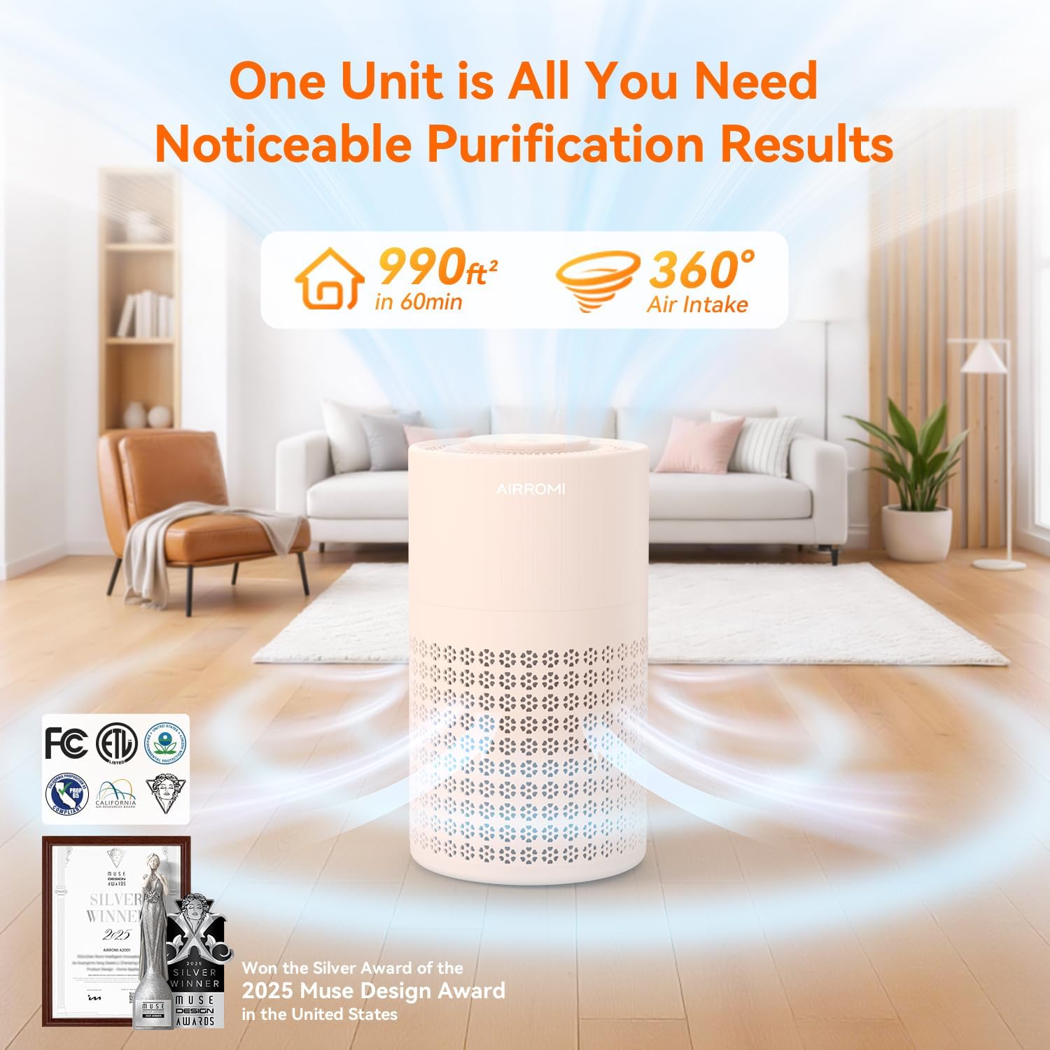 AIRROMI Air Purifier for Bedroom with HEPA 3-in-1 Filter, Pet Air Purifier for Home Cat Pee Smell, Covers Upto 990 Ft², Quiet 360°intake Air Cleaner for pet hair,allergies,Dust,Smoke A2001 Orange