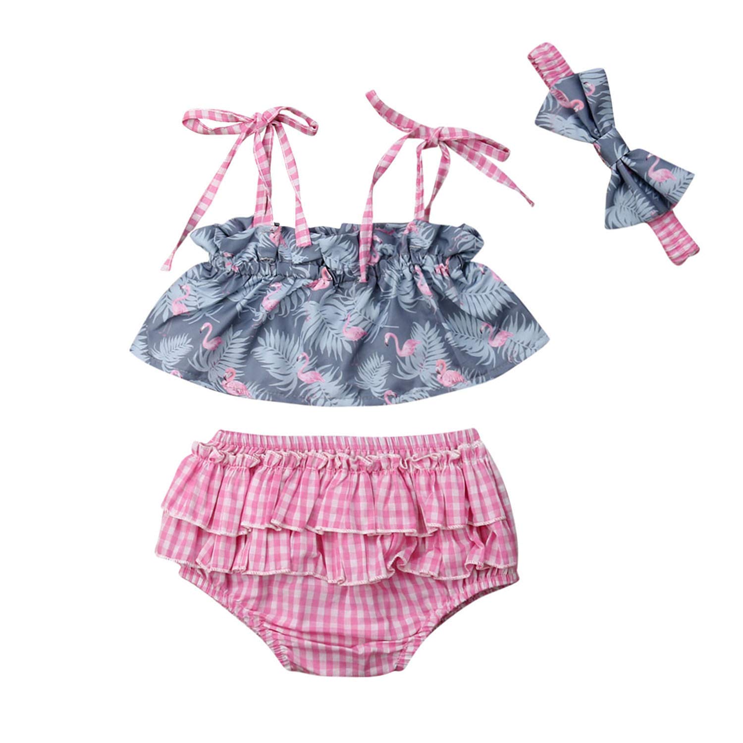 Newborn Baby Girls Flamingo Crop Tops Ruffle Bloomers Pink Plaid Skirt Shorts+Headband Outfit Clothes (Pink, 18-24 Months)