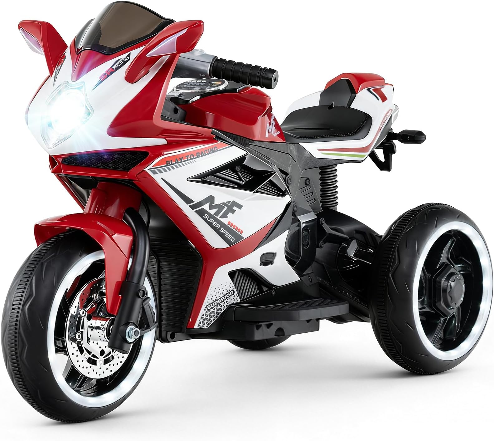OLAKIDS 6V Kids Motorcycle with Forward & Reverse Switch, Headlight, Wheel Lights, Horn, Music, USB Port, 3-Wheel Ride on Toy for Toddler Aged 3+ (Red)