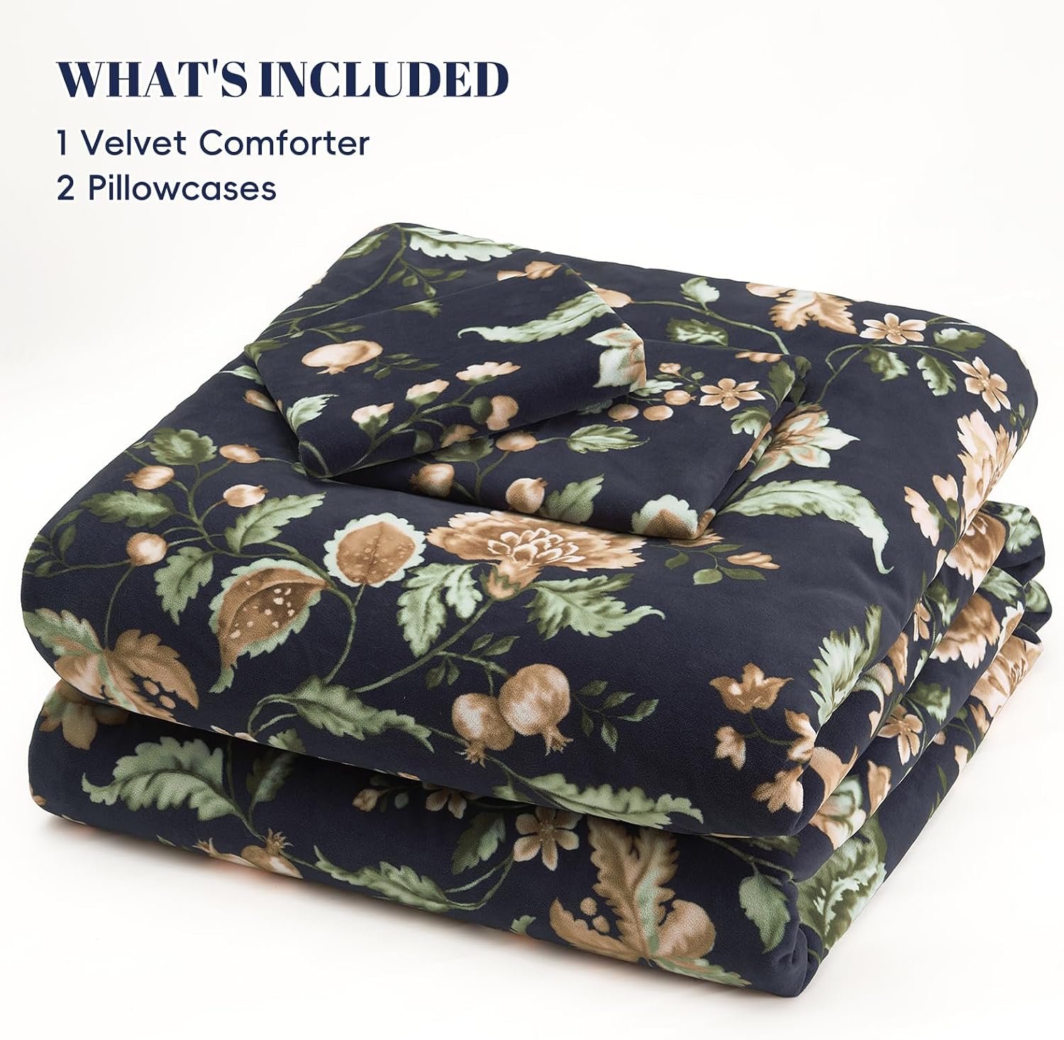 PHF Super Soft Velvet Comforter Set Queen Size - 3-Piece Lightweight Warmth & Anti-Static Floral Bedding Set, 1 Vibrant Botanical Farmhouse Comforter 90x90 with 2 Pillow Shams 20x26, Black