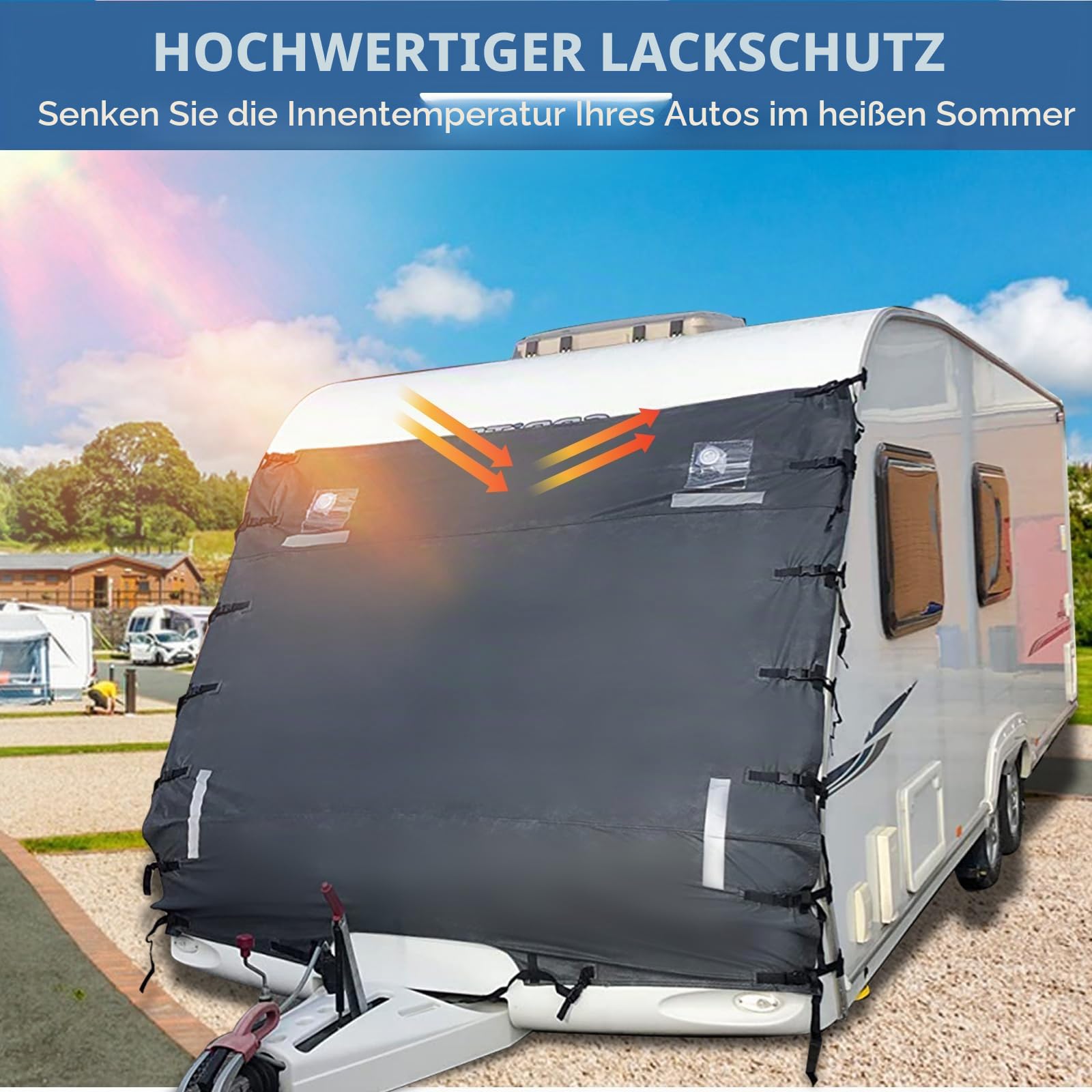 CDIYTOOL 2,4 m Wohnwagen-Frontabdeckung, universell, wasserdicht, Anti-UV, Schutz für Sonne/Hitze/Frost/Eis/Schnee, mit LED-Lichtern und Reflektoren, passt für Wohnmobile, Größe 245 x 183 x 25 cm